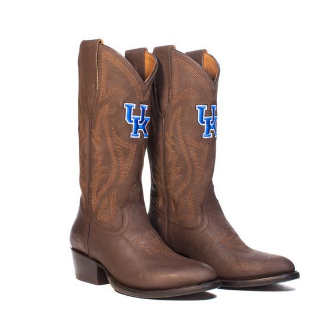 Game Day!! Brown Leather Cowboy Boots With Blue Uk Logo